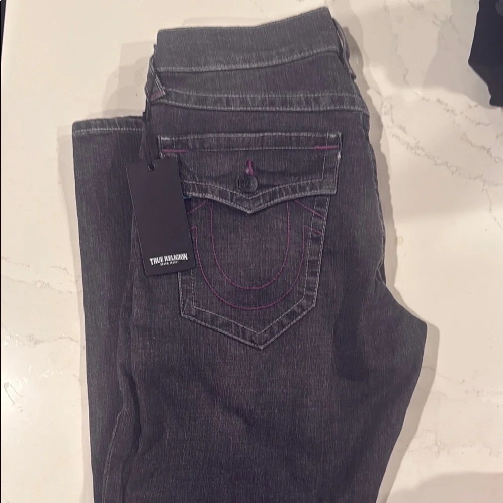 True Religion Men's Charcoal Relaxed Jeans with Purple stitching size 32